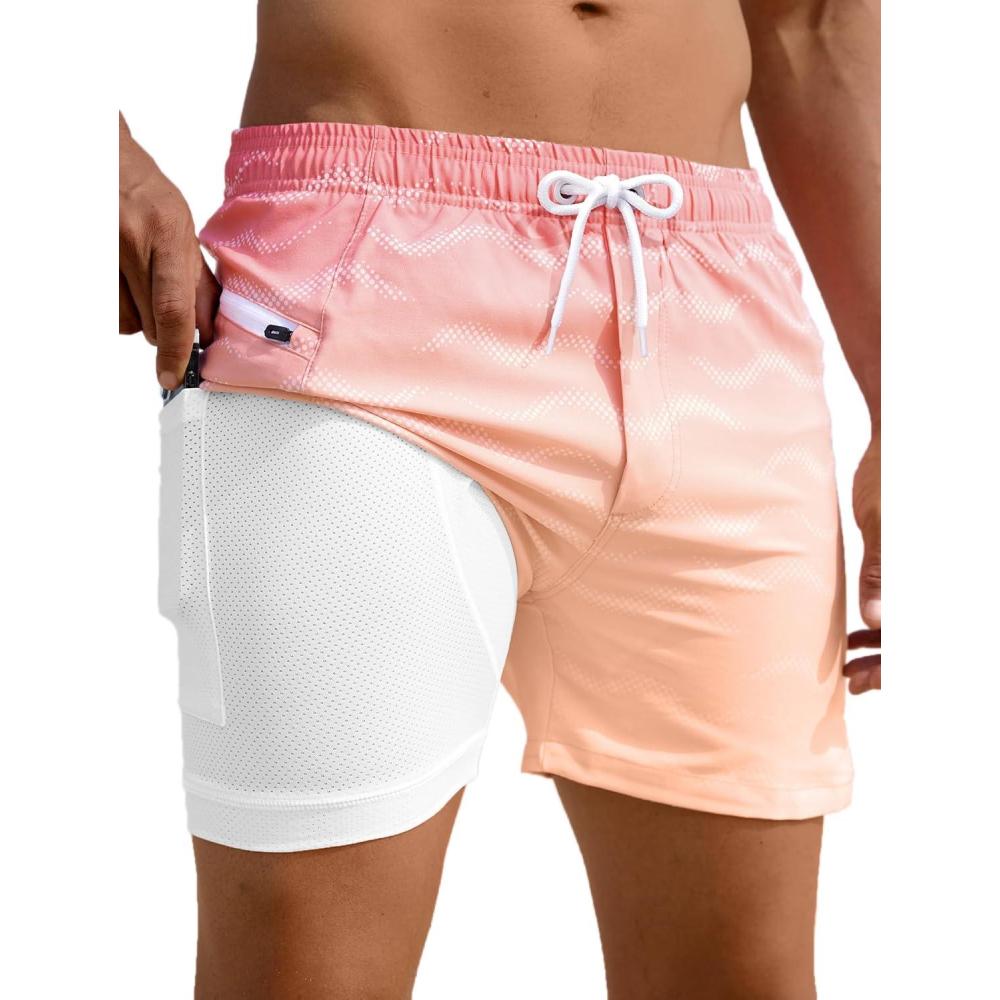 imageAPTRO Mens Swim Trunks with Compression Liner 5quot Quick Dry Bathing Suit Swim Shorts with Zipper Pockets Board Shorts SwimsuitW01pink