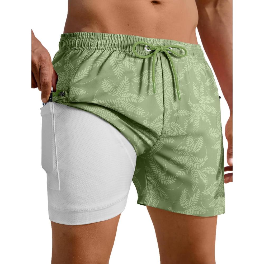 imageAPTRO Mens Swim Trunks with Compression Liner 5quot Quick Dry Bathing Suit Swim Shorts with Zipper Pockets Board Shorts SwimsuitW10 Green Leaves