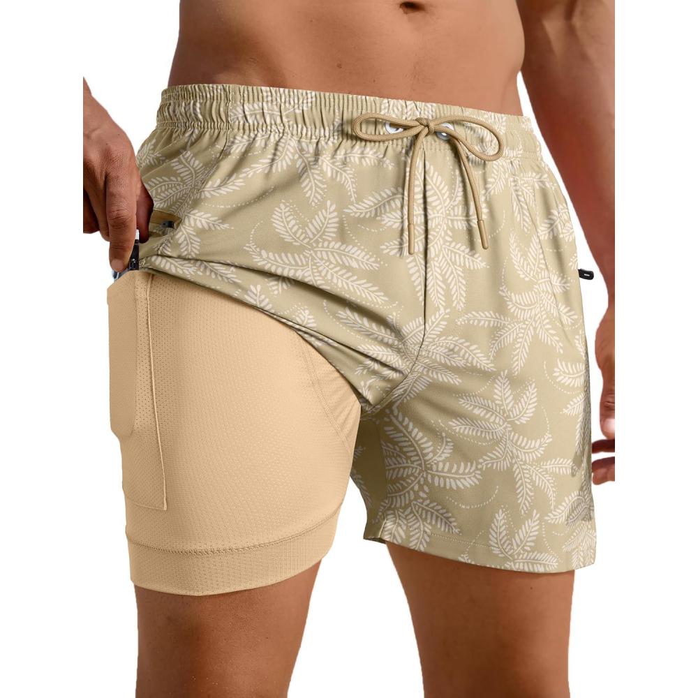 imageAPTRO Mens Swim Trunks with Compression Liner 5quot Quick Dry Bathing Suit Swim Shorts with Zipper Pockets Board Shorts SwimsuitW11 Brown Leaves