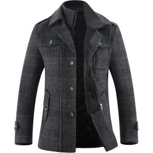 imageAPTRO Mens Pea Coat Wool Jacket Windbreaker Single Breasted Winter Coat11grey Plaid