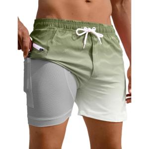 imageAPTRO Mens Swim Trunks with Compression Liner 5quot Quick Dry Bathing Suit Swim Shorts with Zipper Pockets Board Shorts SwimsuitW04army Green