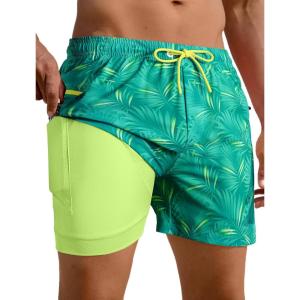 imageAPTRO Mens Swim Trunks with Compression Liner 5quot Quick Dry Bathing Suit Swim Shorts with Zipper Pockets Board Shorts SwimsuitW08 Green Leaf