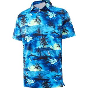 imageAPTRO Golf Shirts for Men Moisture Wicking Hawaiian Polo Shirts Dry Fit with Print and Short SleeveP13 Blue Palm