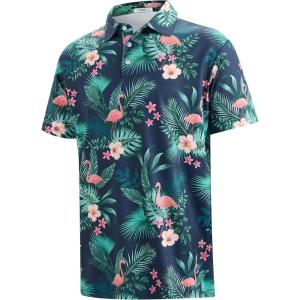 imageAPTRO Golf Shirts for Men Moisture Wicking Hawaiian Polo Shirts Dry Fit with Print and Short SleeveP16 Navy Flamingo