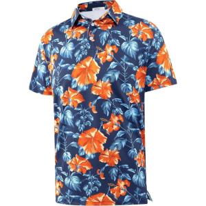 imageAPTRO Golf Shirts for Men Moisture Wicking Hawaiian Polo Shirts Dry Fit with Print and Short SleeveP20 Orange Floral