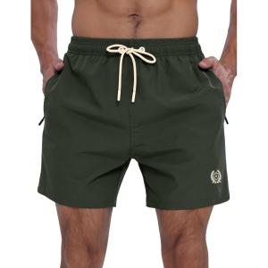 imageAPTRO Mens Swim Trunks 5 inch Board Shorts Quick Dry Bathing Suits with Mesh Lining Beach Swim Shorts with Zipper PocketsArmy Green