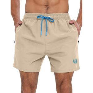 imageAPTRO Mens Swim Trunks 5 inch Board Shorts Quick Dry Bathing Suits with Mesh Lining Beach Swim Shorts with Zipper PocketsLight Beige