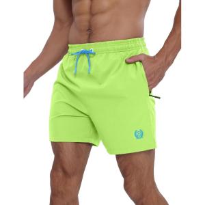 imageAPTRO Mens Swim Trunks 5 inch Board Shorts Quick Dry Bathing Suits with Mesh Lining Beach Swim Shorts with Zipper PocketsNeon Green