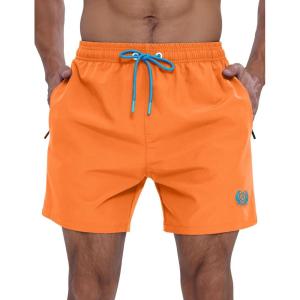 imageAPTRO Mens Swim Trunks 5 inch Board Shorts Quick Dry Bathing Suits with Mesh Lining Beach Swim Shorts with Zipper PocketsOrange