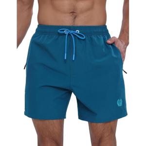 imageAPTRO Mens Swim Trunks 5 inch Board Shorts Quick Dry Bathing Suits with Mesh Lining Beach Swim Shorts with Zipper PocketsPeacock Blue