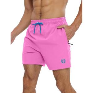 imageAPTRO Mens Swim Trunks 5 inch Board Shorts Quick Dry Bathing Suits with Mesh Lining Beach Swim Shorts with Zipper PocketsPink