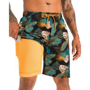 imageAPTRO 2 in 1 Mens Swim Trunks 9quot with Zipper Pockets Bathing Suit Builtin Board Shorts Swimwear Long ShortsBt01 Orangeblack Palm