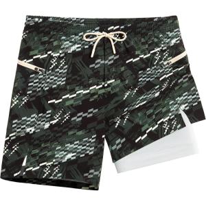 image:imageAPTRO 2 in 1 Mens Swim Trunks 7 Mens Bathing Suit Board Shorts with Zipper Pockets Quick Dry Swim ShortsA3 Army Green Stripes