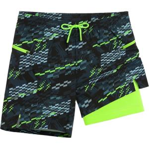 image:imageAPTRO 2 in 1 Mens Swim Trunks 7 Mens Bathing Suit Board Shorts with Zipper Pockets Quick Dry Swim ShortsA5 Green Stripes