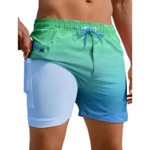 image:imageAPTRO Mens Swim Trunks with Compression Liner 5 Quick Dry Bathing Suit Swim Shorts with Zipper Pockets Board Shorts SwimsuitW02blue Green