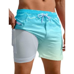 image:imageAPTRO Mens Swim Trunks with Compression Liner 5 Quick Dry Bathing Suit Swim Shorts with Zipper Pockets Board Shorts SwimsuitW03light Blue