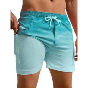 image:imageAPTRO Mens Swim Trunks with Compression Liner 5 Quick Dry Bathing Suit Swim Shorts with Zipper Pockets Board Shorts SwimsuitW05cyan