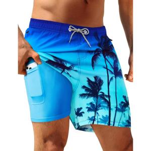 image:imageAPTRO Mens Swim Trunks with Compression Liner 5 inch Inseam Quick Dry 2 in 1 Swimming Board Shorts Beach with Zipper PocketsLr01 Coconut Tree Blue