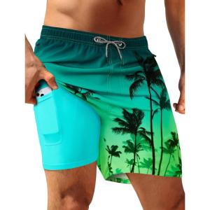 image:imageAPTRO Mens Swim Trunks with Compression Liner 5 inch Inseam Quick Dry 2 in 1 Swimming Board Shorts Beach with Zipper PocketsLr02 Coconut Tree Green