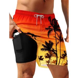 image:imageAPTRO Mens Swim Trunks with Compression Liner 5 inch Inseam Quick Dry 2 in 1 Swimming Board Shorts Beach with Zipper PocketsLr03 Coconut Tree Orange