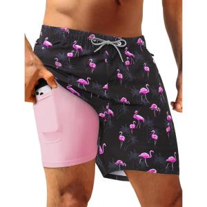 image:imageAPTRO Mens Swim Trunks with Compression Liner 5 inch Inseam Quick Dry 2 in 1 Swimming Board Shorts Beach with Zipper PocketsLr05 Flamingo Pink