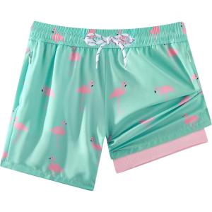 image:imageAPTRO 2 in 1 Boys Swim Trunks Quick Dry Kids Bathing Suits Zipper Pockets Board Shorts 516YG12 Flamingo