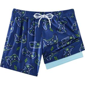 image:imageAPTRO 2 in 1 Boys Swim Trunks Quick Dry Kids Bathing Suits Zipper Pockets Board Shorts 516YG14 Green Game