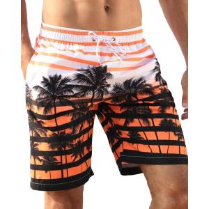 image:imageAPTRO Mens Swim Trunks 9 Quick Dry Bathing Suit Big amp Tall Beach SwimsuitsOrange Palm Stripes