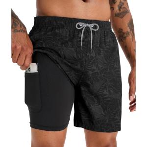 image:imageAPTRO Mens Swim Trunks with Compression Liner 5 Inch Bathing Suit Beach SwimsuitsBlack Leaf