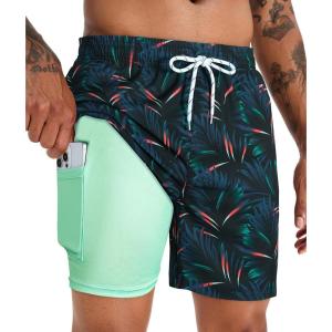 image:imageAPTRO Mens Swim Trunks with Compression Liner 5 Inch Bathing Suit Beach SwimsuitsM067 Leaf Zip Pockets