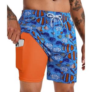 image:imageAPTRO Mens Swim Trunks with Compression Liner 5 Inch Bathing Suit Beach SwimsuitsM074 Fish Blue Zip Pockets