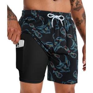 image:imageAPTRO Mens Swim Trunks with Compression Liner 5 Inch Bathing Suit Beach SwimsuitsM075 Fish Black Zip Pockets