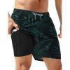 image:imageAPTRO Mens Swim Trunks with Compression Liner 5 inch Inseam Quick Dry 2 in 1 Swimming Board Shorts Beach with Zipper PocketsBlack Green Leaves