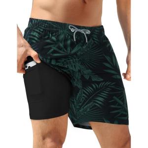 image:imageAPTRO Mens Swim Trunks with Compression Liner 5 inch Inseam Quick Dry 2 in 1 Swimming Board Shorts Beach with Zipper PocketsBlack Green Leaves