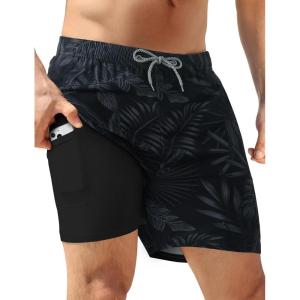 image:imageAPTRO Mens Swim Trunks with Compression Liner 5 inch Inseam Quick Dry 2 in 1 Swimming Board Shorts Beach with Zipper PocketsBlack Leaves