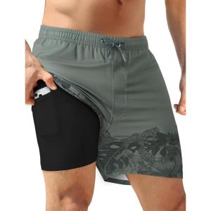 image:imageAPTRO Mens Swim Trunks with Compression Liner 5 inch Inseam Quick Dry 2 in 1 Swimming Board Shorts Beach with Zipper PocketsGrey Leaves