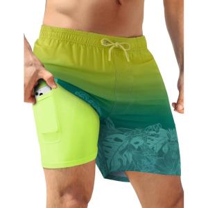 image:imageAPTRO Mens Swim Trunks with Compression Liner 5 inch Inseam Quick Dry 2 in 1 Swimming Board Shorts Beach with Zipper PocketsYellow Teal Fade