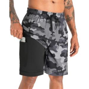 image:imageAPTRO 2 in 1 Mens Swim Trunks 9 with Zipper Pockets Bathing Suit Builtin Board Shorts Swimwear Long ShortsBs05 Camo Green