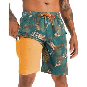 image:imageAPTRO 2 in 1 Mens Swim Trunks 9 with Zipper Pockets Bathing Suit Builtin Board Shorts Swimwear Long ShortsBs06 Orange Green Palm