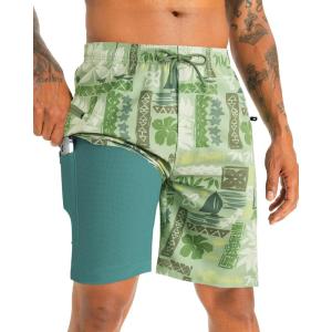 image:imageAPTRO 2 in 1 Mens Swim Trunks 9 with Zipper Pockets Bathing Suit Builtin Board Shorts Swimwear Long ShortsBs06 Totem Green