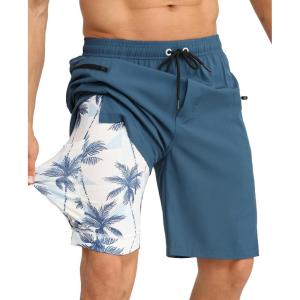 image:imageAPTRO 2 in 1 Mens Swim Trunks 9 with Zipper Pockets Bathing Suit Builtin Board Shorts Swimwear Long ShortsBs10 Solid Dark Blue