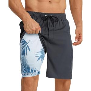 image:imageAPTRO 2 in 1 Mens Swim Trunks 9 with Zipper Pockets Bathing Suit Builtin Board Shorts Swimwear Long ShortsBs11 Solid Grey