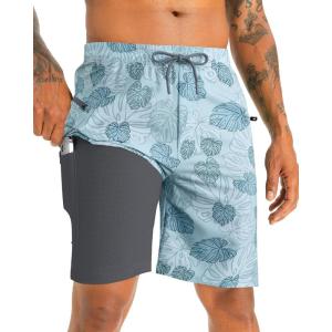 image:imageAPTRO 2 in 1 Mens Swim Trunks 9 with Zipper Pockets Bathing Suit Builtin Board Shorts Swimwear Long ShortsBt02 Light Blue Monstera