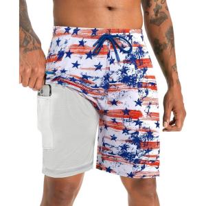 image:imageAPTRO 2 in 1 Mens Swim Trunks 9 with Zipper Pockets Bathing Suit Builtin Board Shorts Swimwear Long ShortsFlag