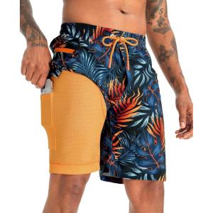 image:imageAPTRO 2 in 1 Mens Swim Trunks 9 with Zipper Pockets Bathing Suit Builtin Board Shorts Swimwear Long ShortsPalm Orange